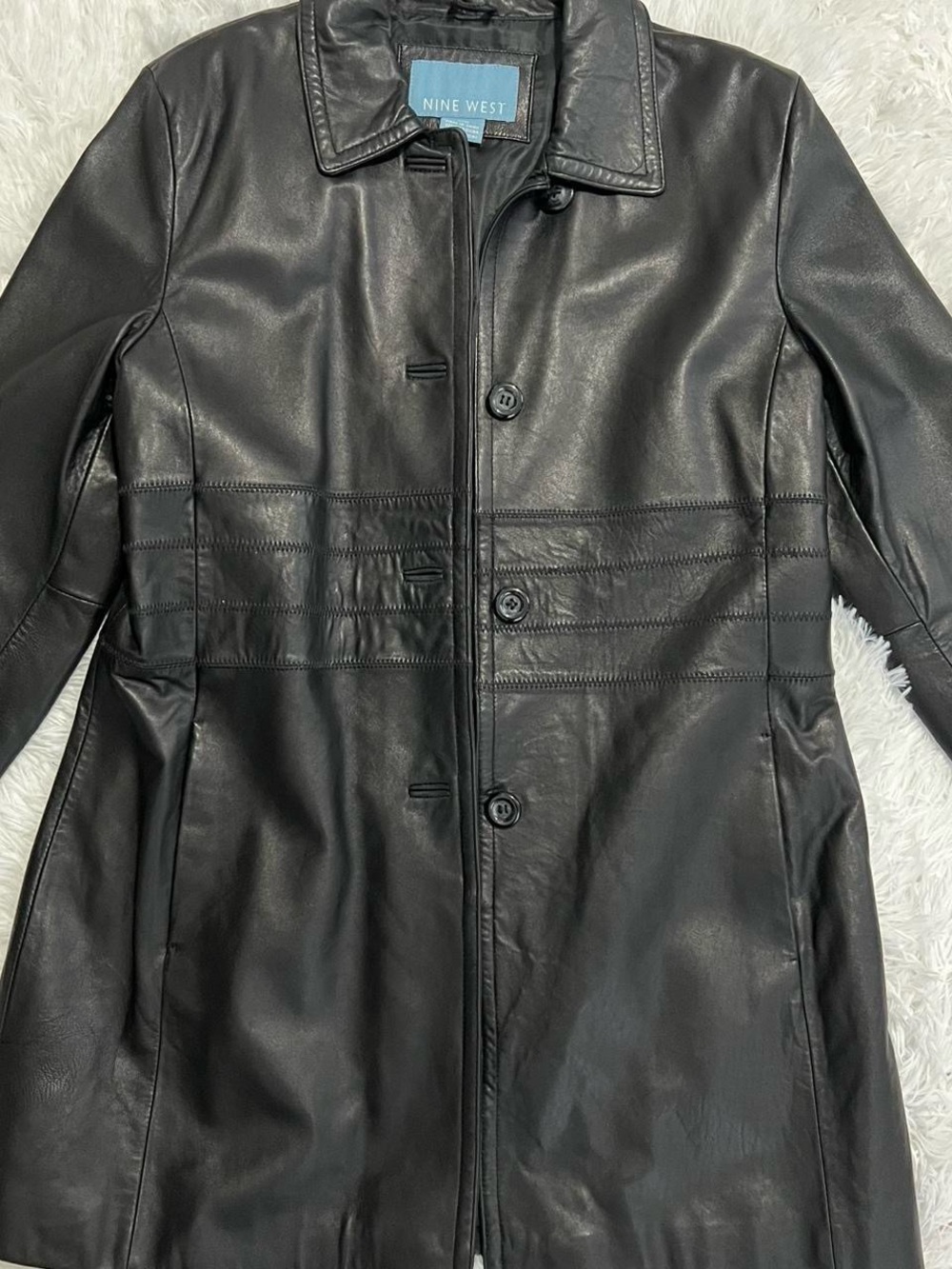 Nine West Black Leather Button-Front Coat with Stitched Waist Detail